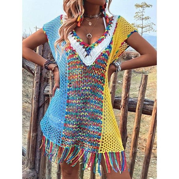 🍭 BOHO MULTI KNIT FRINGE LOOSE FIT BEACH COVERUP DRESS! - Picture 6 of 6